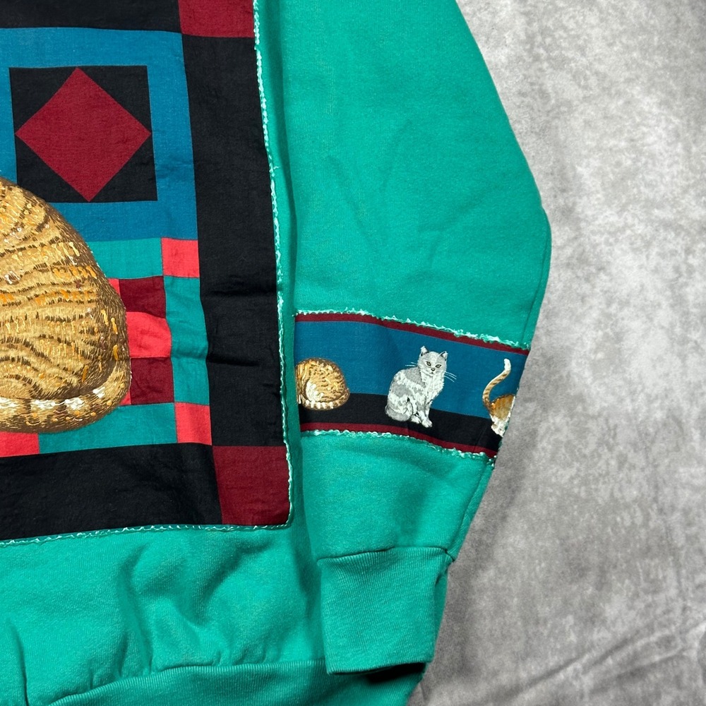 Vintage Fruit of the Loom Cat Quilt Sweatshirt XL Teal Green Made in USA 90s - Picture 5 of 8